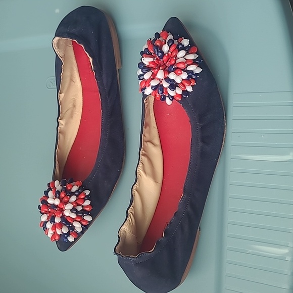 Carolina Herrera Blue Suede Red/White/Red Decorative Bow Flat Shoes Size 38/7.5 - Picture 3 of 8